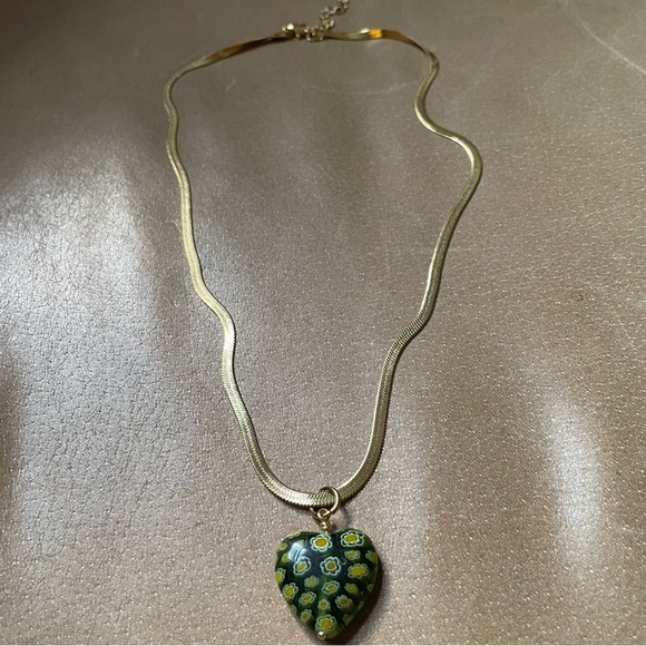 💚Green Heart Italian Millefiori glass bead snake chain herringbone gold plated - Picture 5 of 9